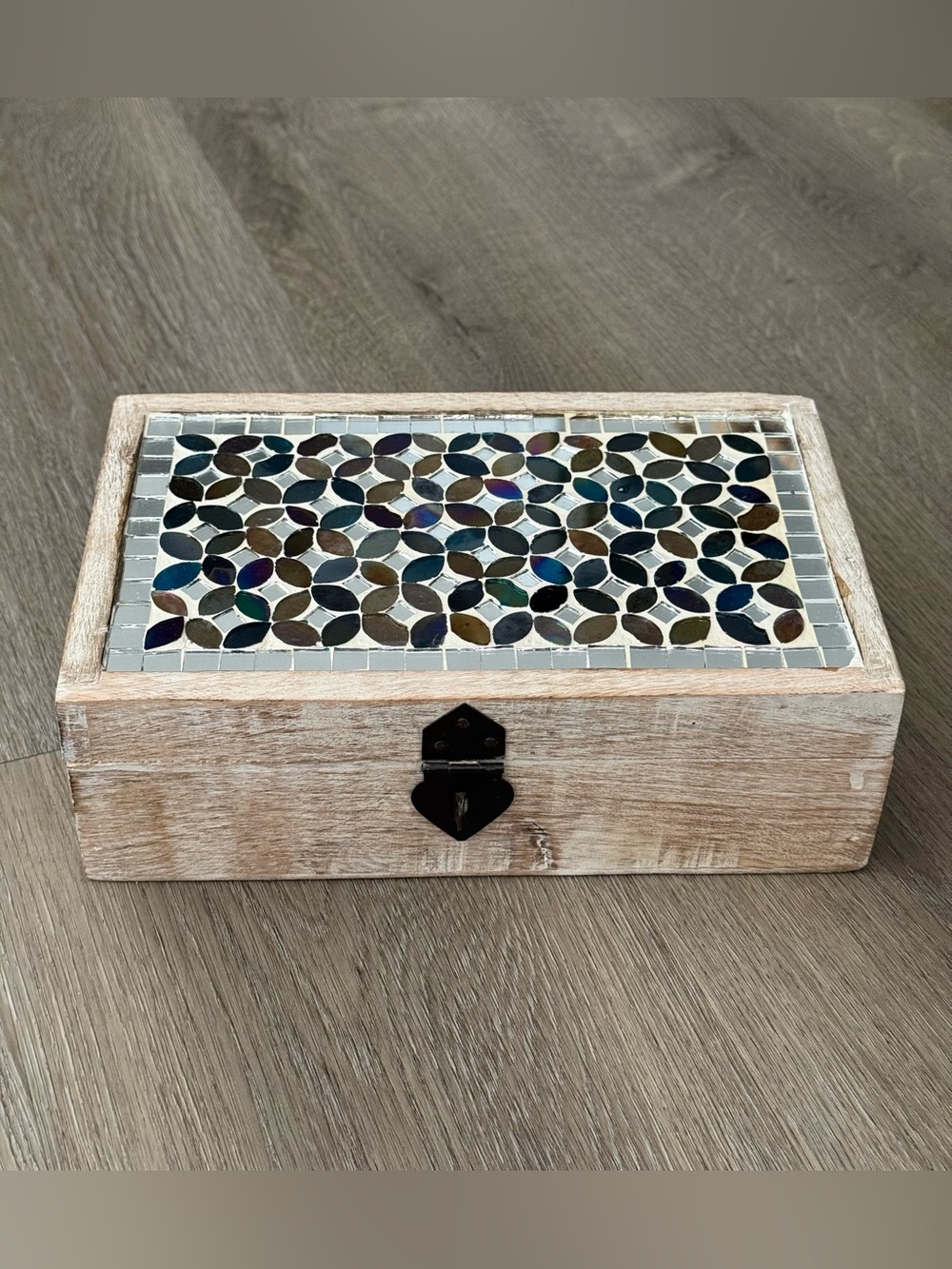 Vintage Handmade Wooden Trinket Box with Mosaic Tile Inlay and Lock
